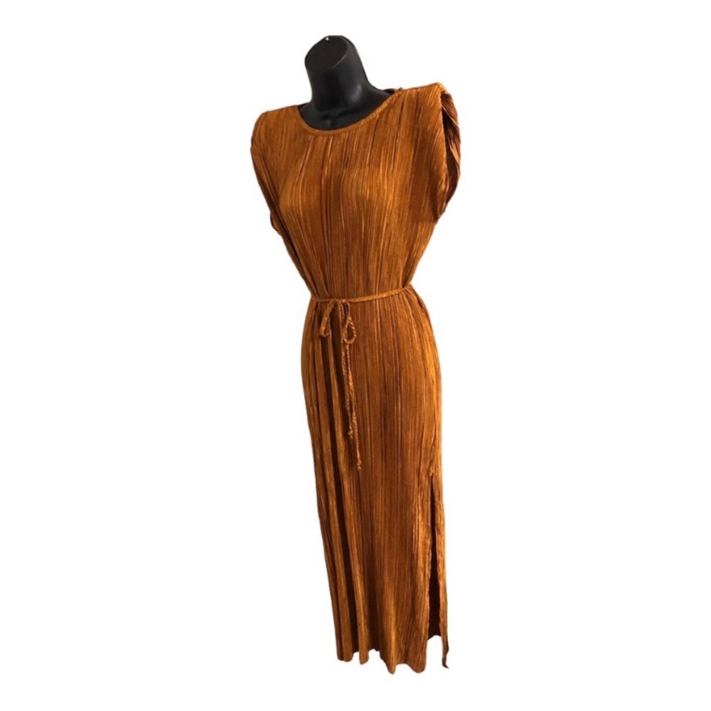 New Gold Mustard Brown Pleated Cord Belted Shoulder Pad Dress - Size XS fits S